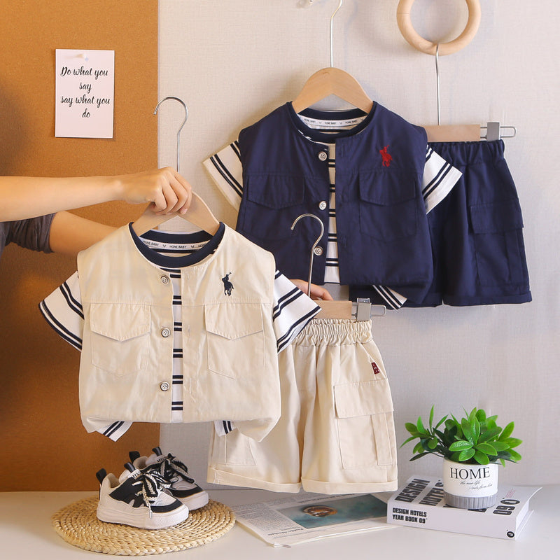 Baby Outfit 2026 New Fashionable Boys' Summer Workwear Short Sleeve Stylish Three-Piece Set Infant Toddler Clothing