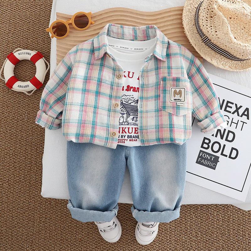 2025 Children's Autumn Outfit Stylish Plaid Shirt Three-Piece Set for 1-3-4 Year Old Boys Korean Style Boys' Clothing