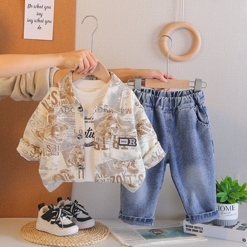 Boys' Outfit 2026 New Fashionable Long-Sleeve Letter Jacket Three-Piece Set for Children, Trendy Spring and Autumn Outerwear