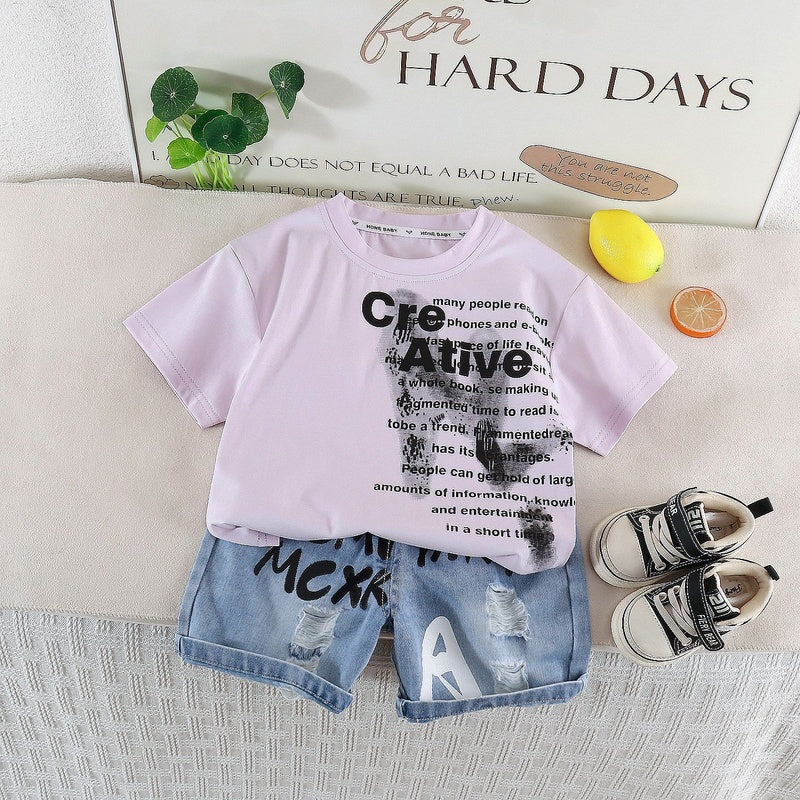 2026 Summer New Fashionable Letter Print Short Sleeve Shorts Two-Piece Set for Boys 1-3 and 4 Years Old