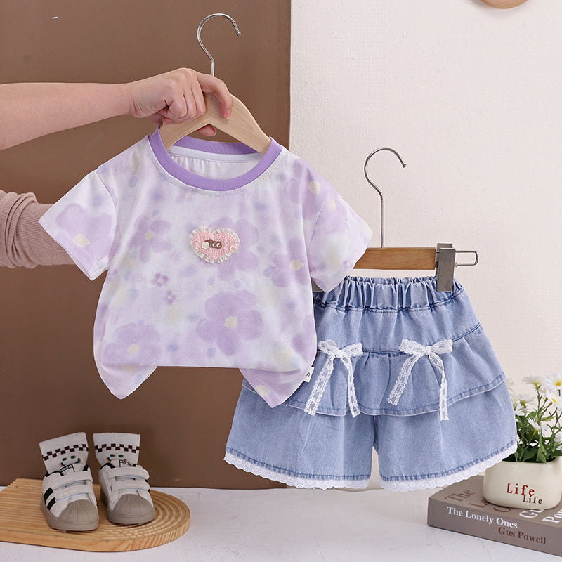 Girls' Outfit 2026 New Style Children's Casual Full-Print Floral Heart Pattern Thin Short-Sleeve Summer Two-Piece Set