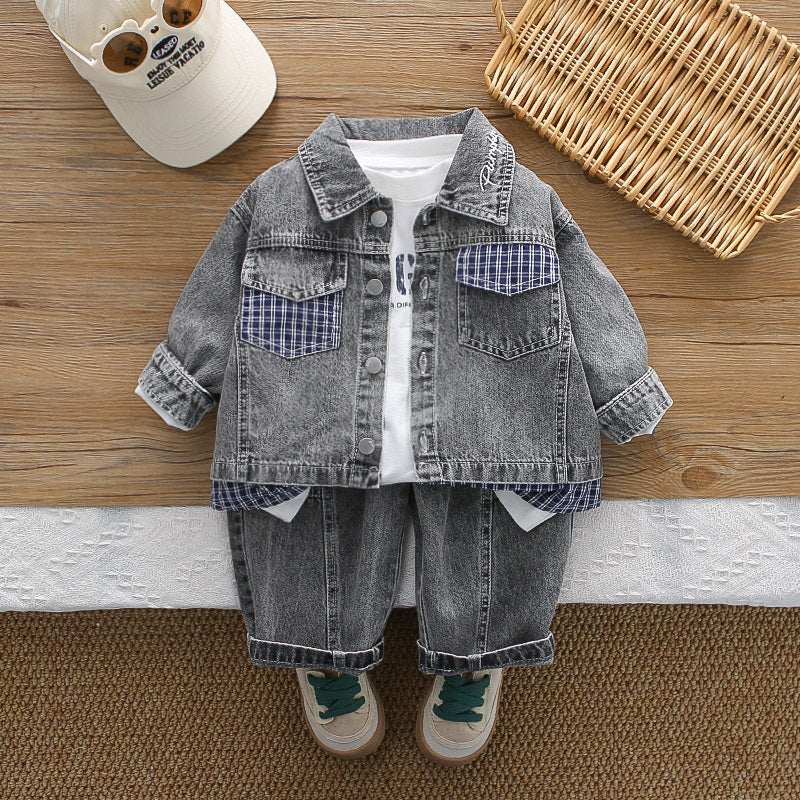 Boys' Autumn Plaid Color-Block Denim Three-Piece Set Infants and Toddlers 1-4 Years Old, Stylish Spring Outfit for Babies
