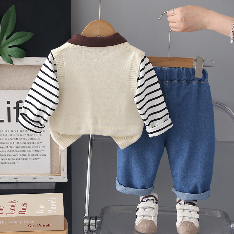 Boys' Suit for 2026 New Model Children's Cute Puppy Sweater Outfit Baby Clothes Spring and Autumn Three-Piece Set