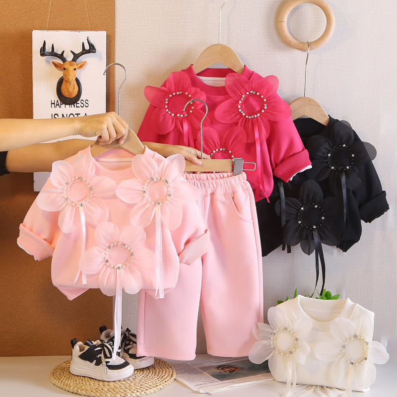 Girls' and Autumn Outfit 2026 New Fashionable Infant Children's Clothing Baby Spring Large Floral Long Sleeve Two-Piece Set