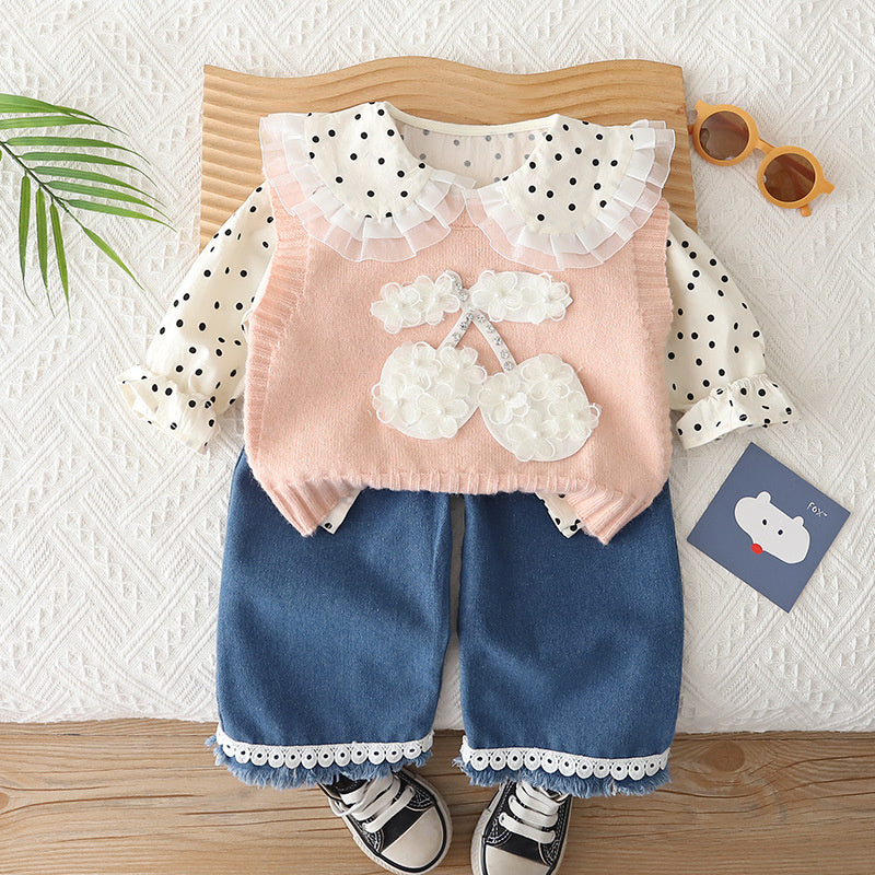 Girls' Outfit 2026 New Fashionable Children's Big Cherry Sweater Three-Piece Set Baby Spring and Autumn Clothes