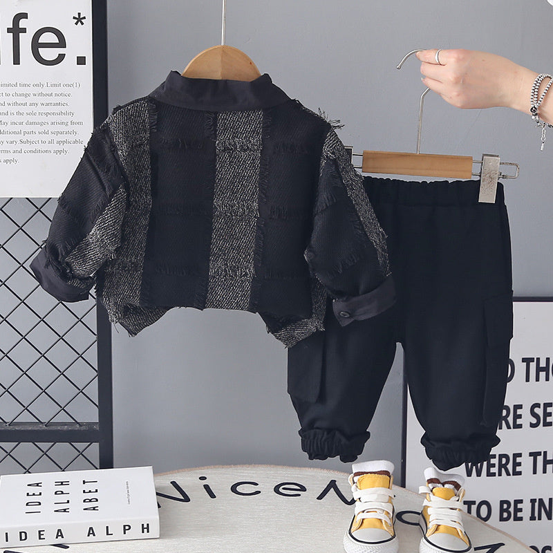 Boys' Spring Outfit 2026 Spring-Autumn New Korean Style Children's Stylish and Cool Plaid Furry Three-Piece Set for Young Boys