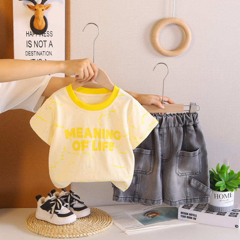 Boys' Outfit 2026 New Style Children's Summer Yellow Collar English Short Sleeve Two-Piece Set for Stylish Little Boys