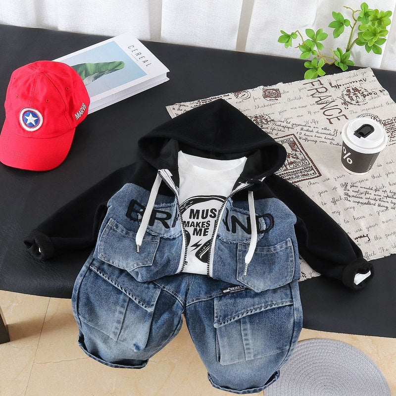 Boys' Outfit 2026 New Fashionable Children's Spring and Autumn Baby Patch Letter Zipper Hoodie Three-Piece Set