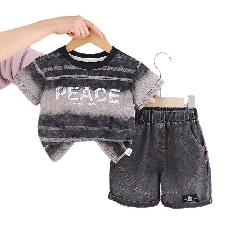 Children's clothing boys' outfit 2026 new style children's summer striped English short-sleeve two-piece set baby clothes
