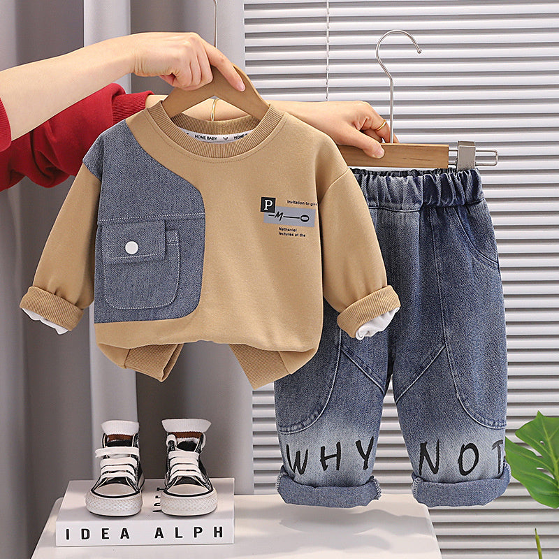 Boys' Autumn Outfit 2026 New Denim Patchwork Sweatshirt Two-Piece Set Stylish Toddler Clothes for Children