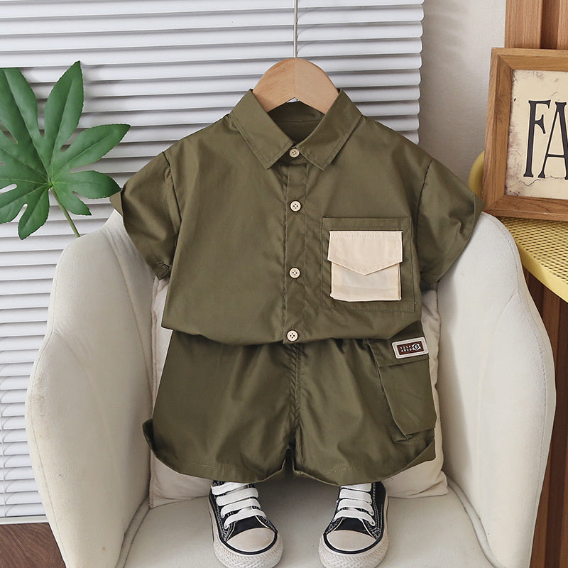 Boys' Outfit 2026 New Style, Cool and Stylish Color-Block Pocket Short-Sleeve Clothes, Trendy Baby Summer Two-Piece Set
