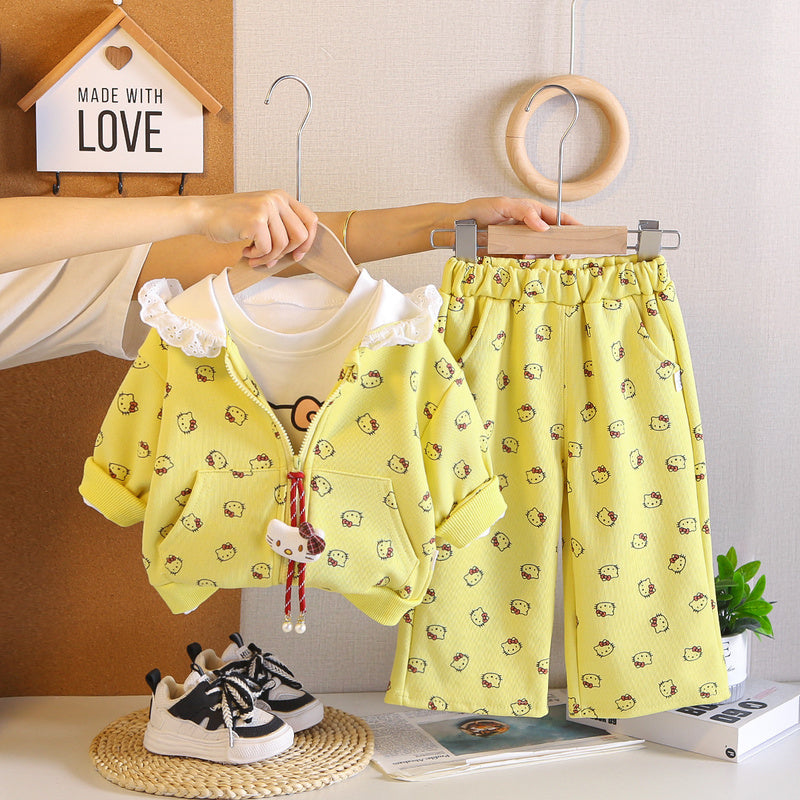 Girls' Outfit Set, Stylish Baby Spring Autumn Full-Body Cartoon Clothes, Infant and Little Girl Three-Piece Set Wholesale