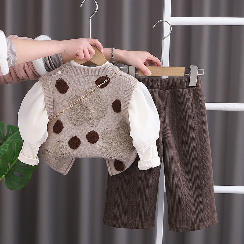 Clothes Stylish Sweet Bag Three-Piece Set One-Year-Old Baby Girl Fashionable Versatile Spring and Autumn Outfit