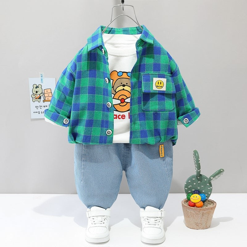 Children's Outerwear Baby Girls Spring and Autumn Outfit 1-4 Years Old Foreign Trade Boys Plaid Shirt Denim Three-Piece Set 2