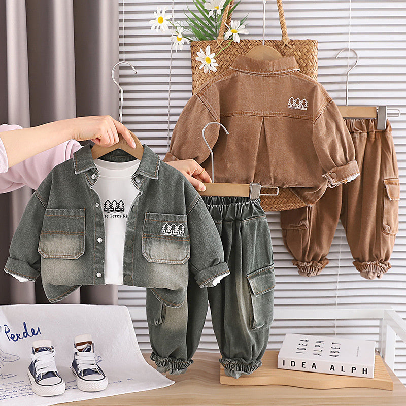 Boys' Outfit 2025 New Style 4: Stylish Children's Little Tree Denim Three-Piece Set Spring and Autumn, Trendy for 1-Year-Old Babies