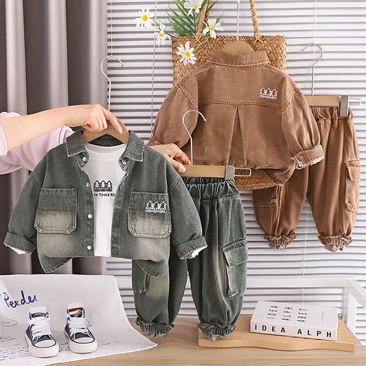 Boys' Outfit 2025 New Style 4: Stylish Children's Little Tree Denim Three-Piece Set Spring and Autumn, Trendy for 1-Year-Old Babies