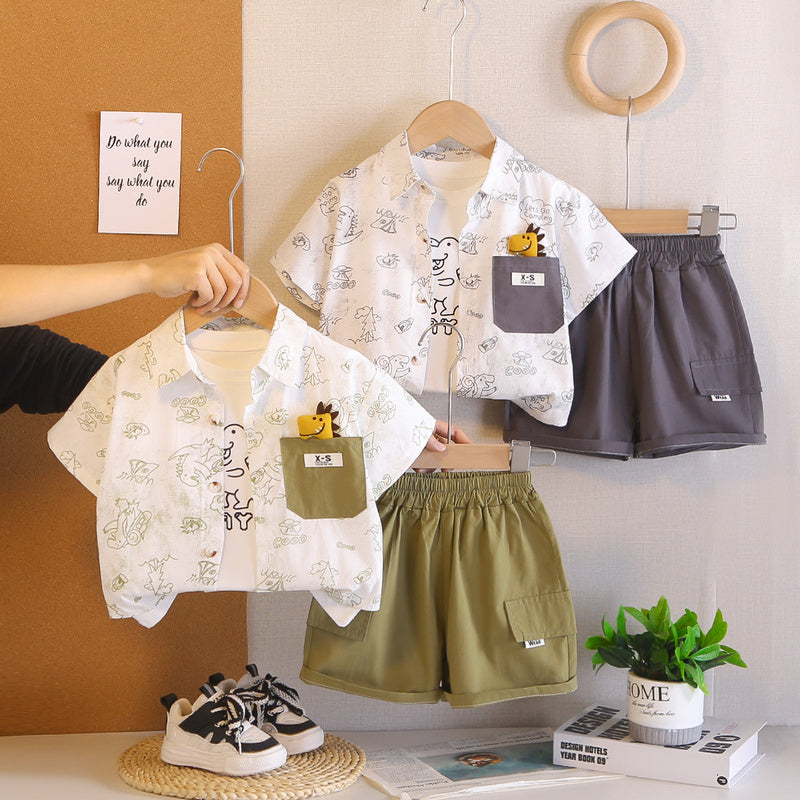 Boys' Summer Outfit 2026 New Style Pocket Dinosaur Short Sleeve Shorts Three-Piece Set Stylish for 1-4 Year Olds