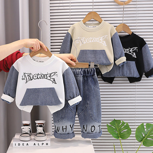Boys' Outfit 2026 New Fashionable Denim Pocket Sweatshirt Set Baby Autumn Stylish Trendy Infant Children's Fashion