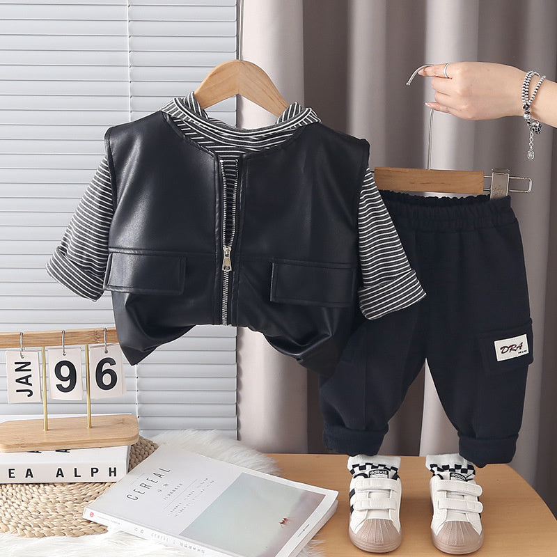 Boys' Spring and Autumn Outfit 2026 New Fashionable Children's Leather Vest Versatile Casual Three-Piece Set Trendy Wholesale
