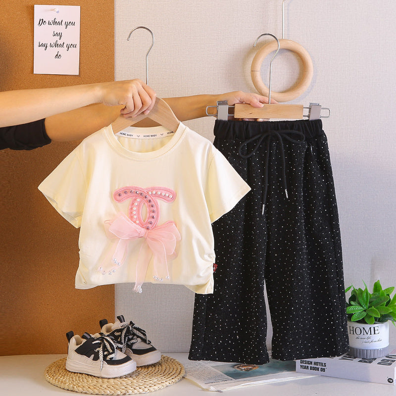 Girls' 2026 Summer New Outfit: Bowknot Short-Sleeve Two-Piece Set with Long Pants for Baby Girls, Children's Clothing