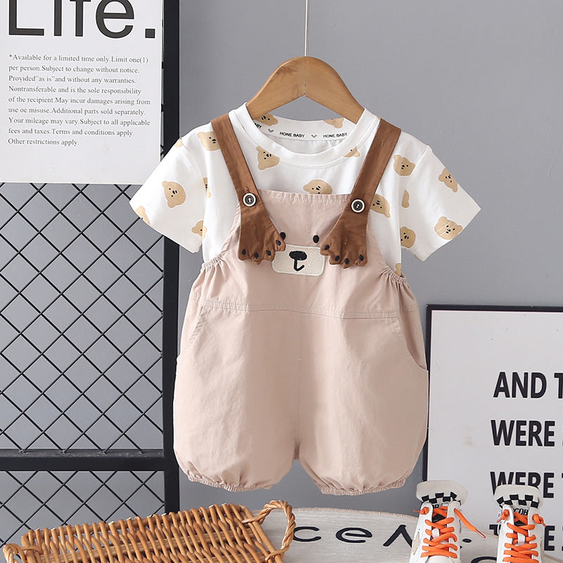 Boys' Outfit 2026 New Style Children's Stylish Bear Overalls Short Sleeve Two-Piece Set Summer Toddler Clothes