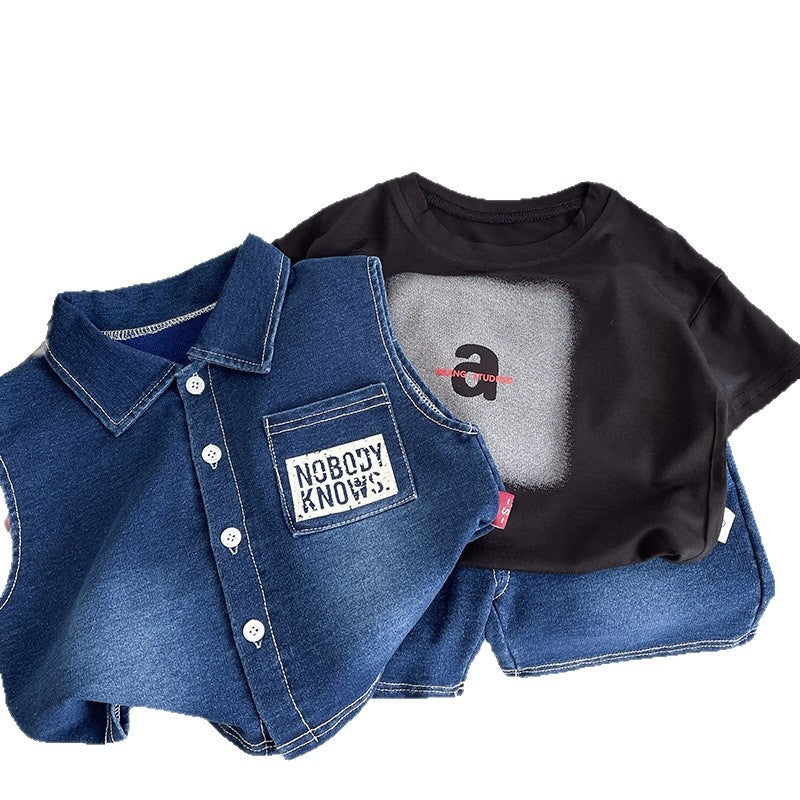 Boys' Outfit Baby Summer Set for 1-2-3-5 Year Old Boys, English Denim Vest Three-Piece Trendy Children's Clothing