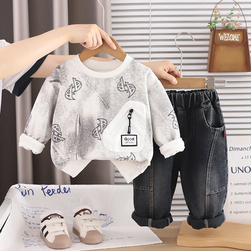 Outfit 2026 New Children's Zipper Pocket Sweatshirt Boys' Spring and Autumn Sports Casual Two-Piece Set