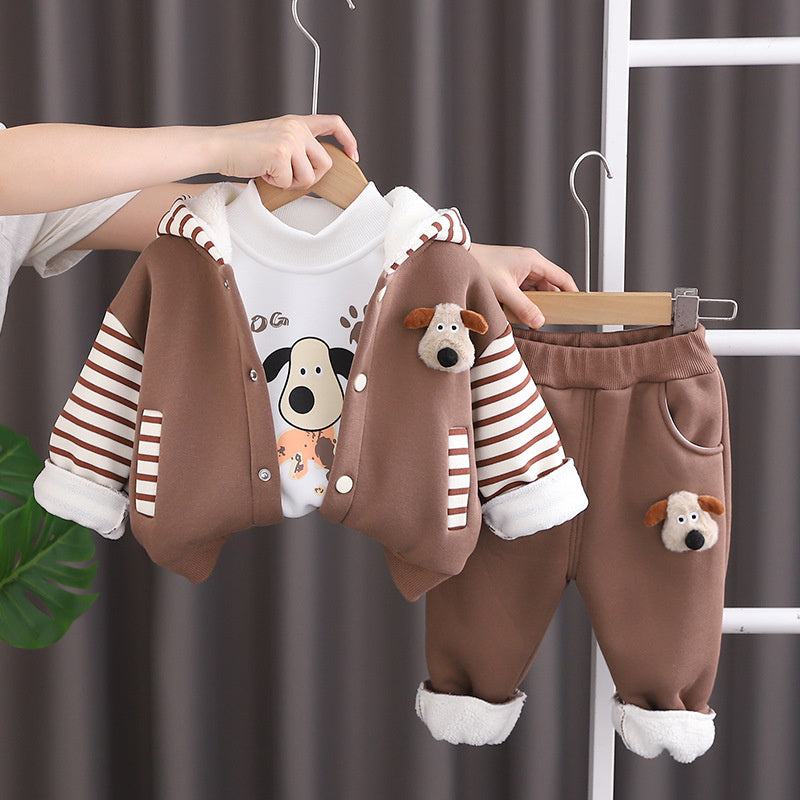 Boys' Autumn and Fleece-Lined Bag Dog Three-Piece Set New Baby Winter Warm Outfit Stylish Clothes Trendy Children's Clothing