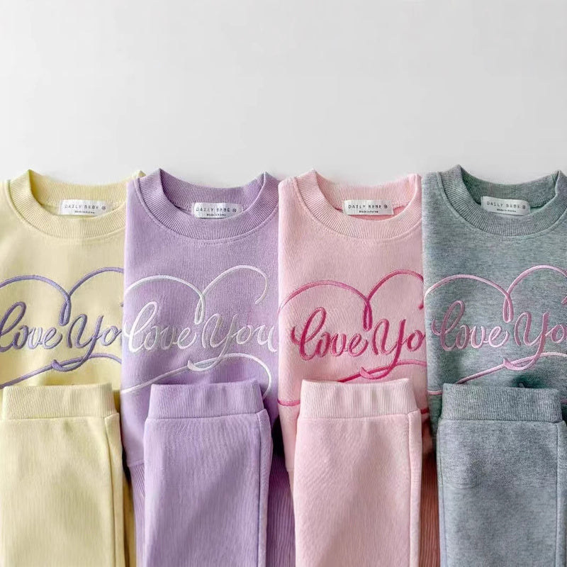 New Spring Autumn Korean Style Casual Heart Embroidery Bow Colorful Girls' Sweatshirt and Sweatpants Solid Color Two-Piece Set