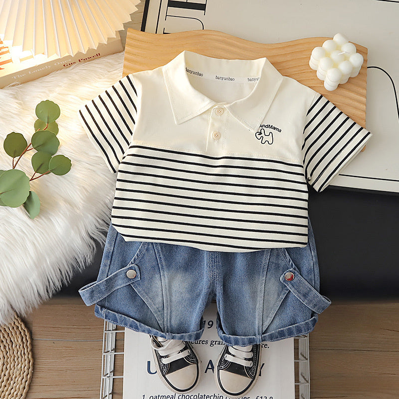 Boys' Outfit 2026 New Fashionable Set for 1-3 Year Olds, Children's Summer Clothes with Patchwork Short Sleeves