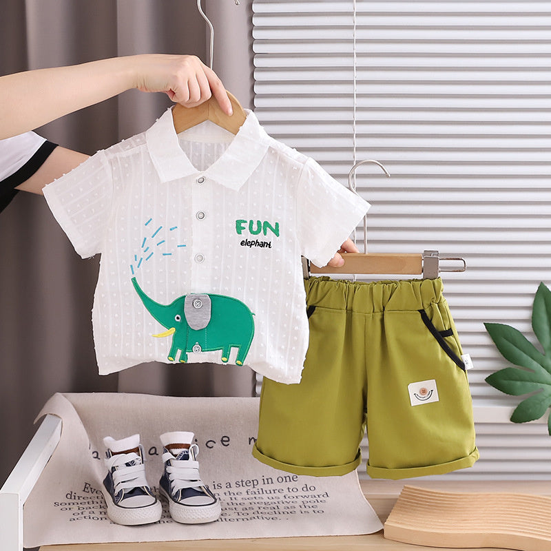 Outfit 2026 New Fashionable Baby Summer Clothes Boys' Elephant Print Short Sleeve Two-Piece Set Trendy