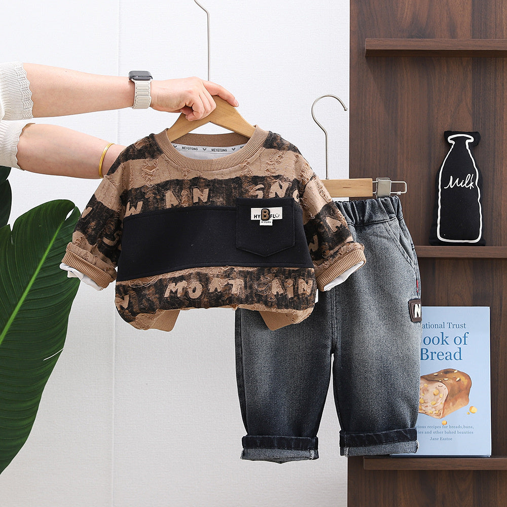 Baby Boy Spring Outfit 1-3 Years Old 4 Korean Style Striped Ripped Sweatshirt Two-Piece Set 2 Boys Toddler Infant Clothes