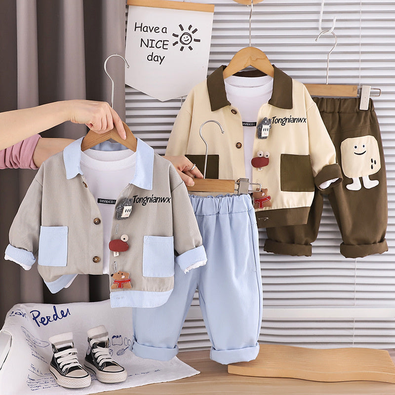 Boys' Color-Block Outfit, Children's 2026 Fashionable Baby New Three-Piece Set, Spring and Autumn Cartoon Jacket with Long Sleeves