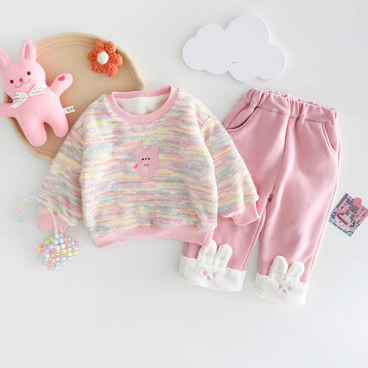 Baby Clothes Fleece Autumn and Winter Casual Rainbow Bear Sweatshirt Two-Piece Set for Girls, One-Piece Dropshipping