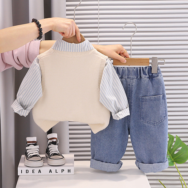Boys' Autumn Outfit 2026 New Style Baby Boy Spring Clothes Stylish Cartoon Elephant Sweater Three-Piece Set for Infants and Children