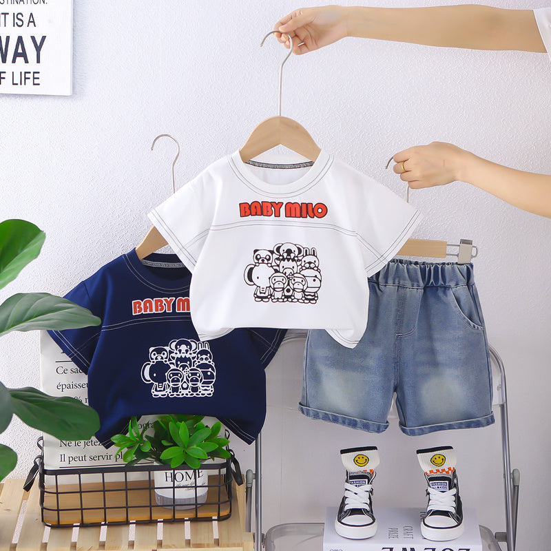 Boys' new style cute animal round-neck short-sleeve clothing for children, baby and infant two-piece summer outfit
