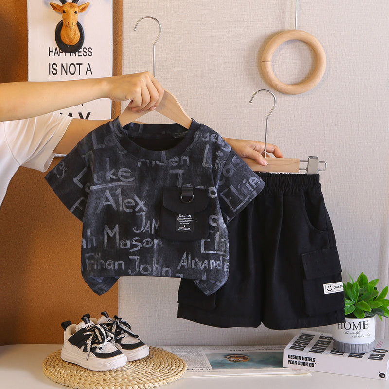 Boys' Summer Outfit 2026 New Korean Style Short Sleeve Casual Two-Piece Set with English Pocket for Toddlers