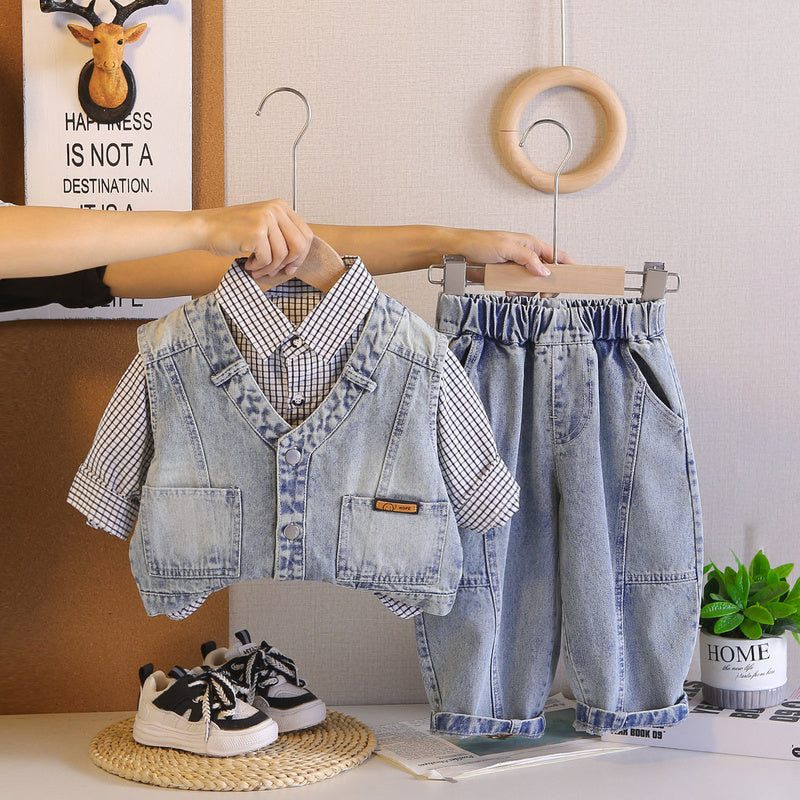 Boys' Outfit 2026 New Set: 4-Plaid Shirt, Denim Vest, Three-Piece Set Spring and Autumn, Stylish for 1-Year-Old Baby