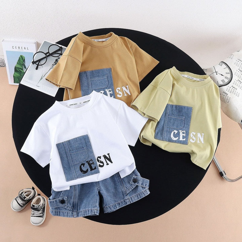 Boys Outfit Set 2026 New Children's Patch Letter Short Sleeve Toddler Thin Clothing Baby Summer Style Kids' Wear