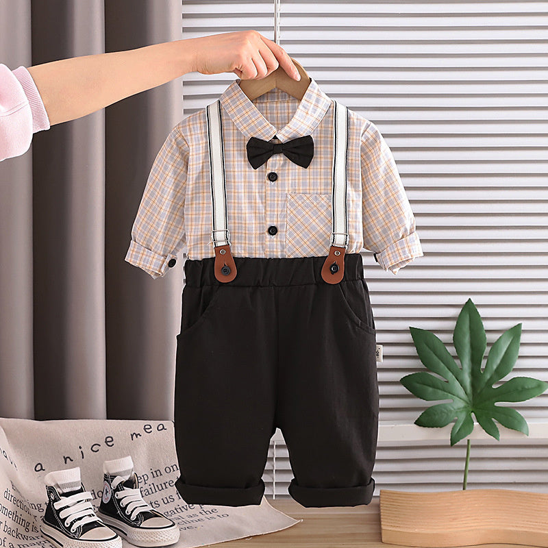 Baby Autumn Outfit: Plaid Shirt and Overalls Set, Stylish Spring-Autumn Clothes for 1-3 Year Olds, Two-Piece Trendy Children's Clothing