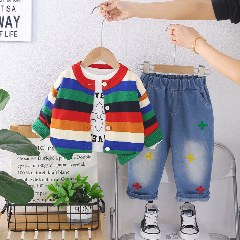 Boys' Spring Outfit 2026 New Fashionable Baby Spring/Autumn Stylish Rainbow Sweater Cardigan Three-Piece Trendy Set