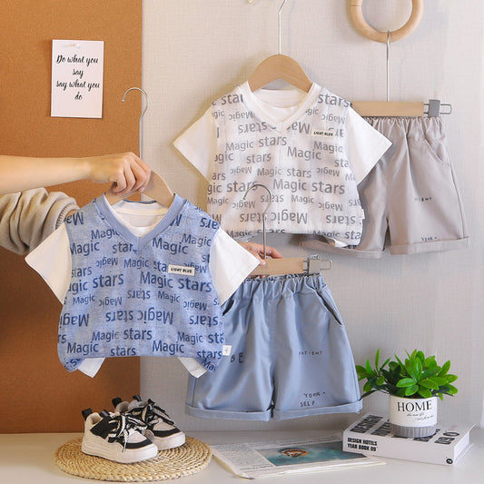 Boys' Outfit Children's Letter Print Short Sleeve Three-Piece Set 2026 New Style for Little Boys 1-3 Years Old Baby Summer Clothes