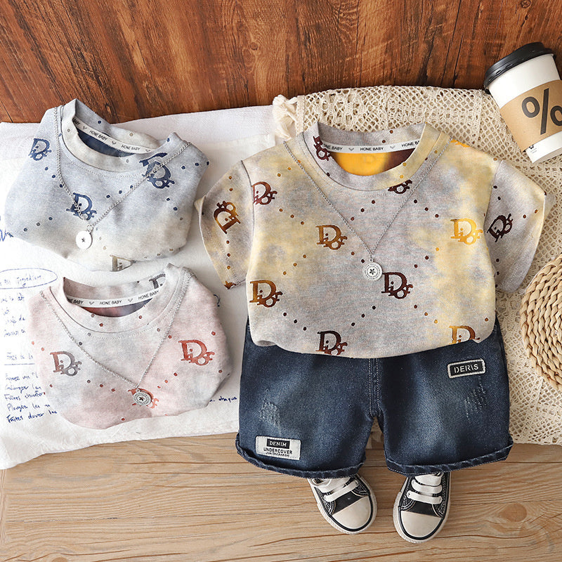 Boys' Outfit 2026 New Fashionable Toddler Summer Outfit, Round Neck Letter Print Short Sleeve Thin Clothing for Little Boys
