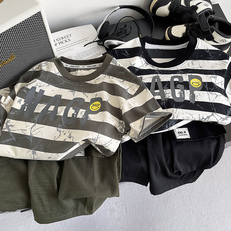 Boys' Outfit 2026 New Stylish Striped Smiley Face Short Sleeve Two-Piece Set Baby Summer Clothes Trendy Children's Wear