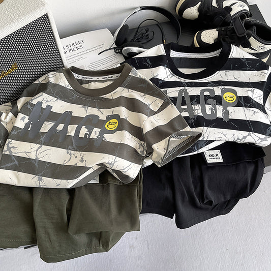 Boys' Outfit 2026 New Stylish Striped Smiley Face Short Sleeve Two-Piece Set Baby Summer Clothes Trendy Children's Wear