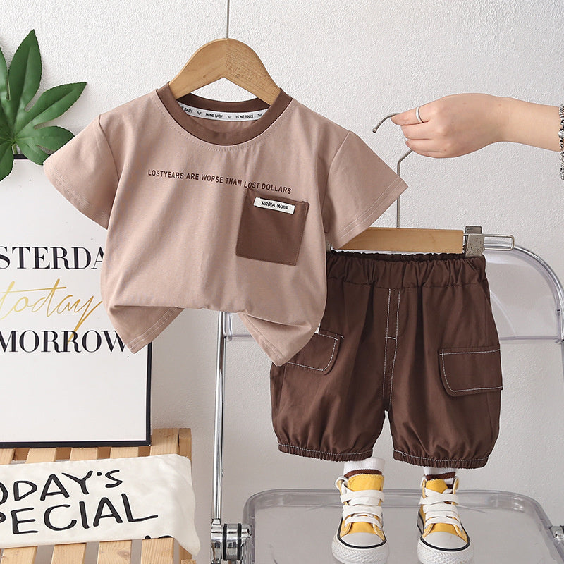 Boys' Outfit 2026 New Model Children's Short-Sleeve Fashionable Stylish Baby Summer Letter Pocket Logo Two-Piece Set