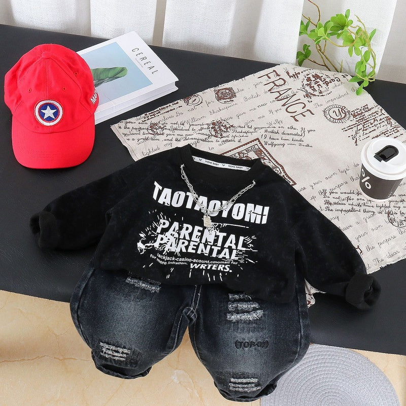 Boys' Suit 2026 New Stylish English Sweatshirt for Children, Outfit, Baby Clothes, Spring and Autumn Two-Piece Set