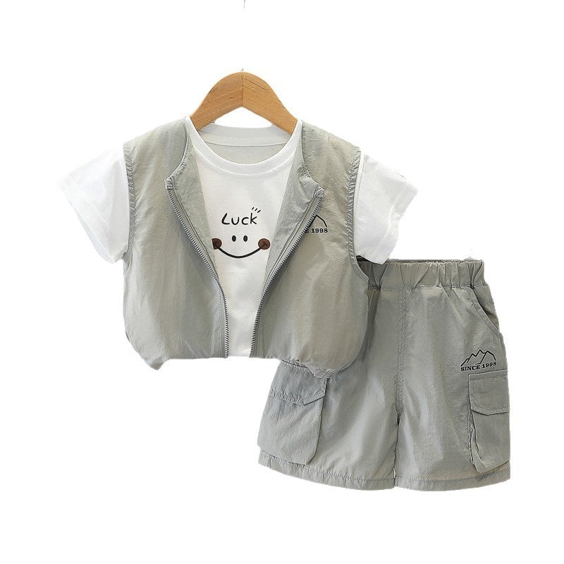 Boys' Outfit 2026 New Fashionable Children's Sporty Outdoor Style Summer Short-Sleeve Three-Piece Set for 1-3 Year Olds Trendy