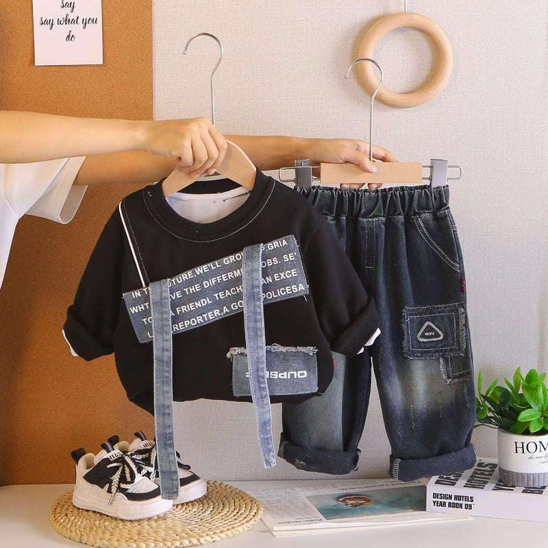 Boys' Outfit, Toddler Baby Spring and Autumn Two-Piece Set, 2026 New Patchwork Sweatshirt, Clothes for Children Aged 1-3 Years