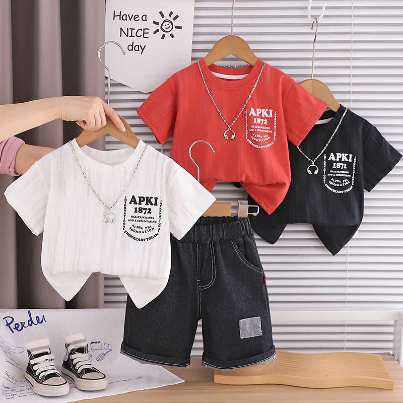 Boys' Outfit 2026 New Fashionable Two-Piece Set with Necklace and Letter Pocket, Baby Summer Short-Sleeve Clothes Trendy